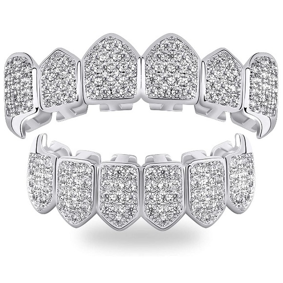 Custom Fang Grillz Iced Out 925 Silver Vampire Teeth Jewelry  Ice 925 Silver Grill Vampire Top & Bottom